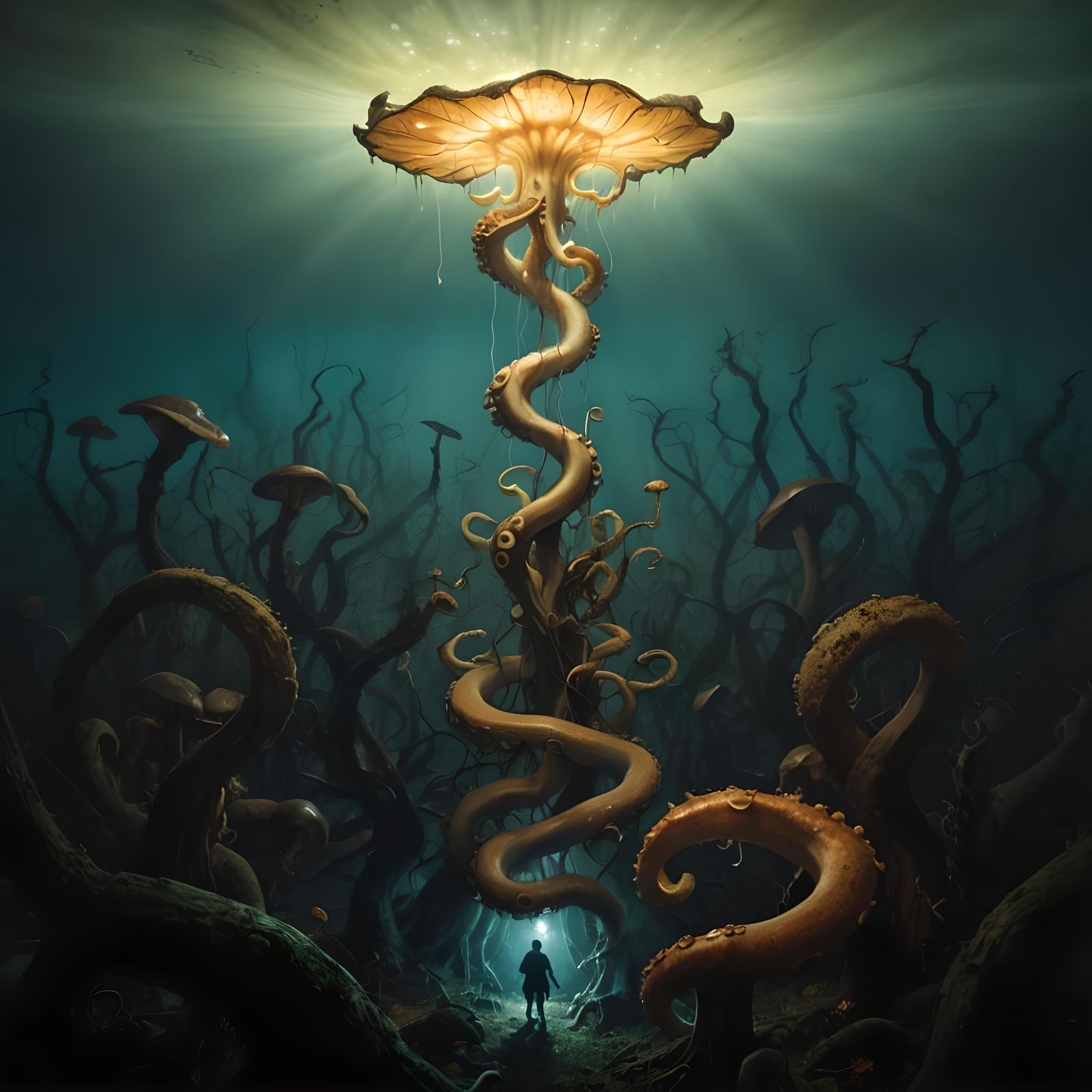 Giant Octopus Mushroom with Tiny People