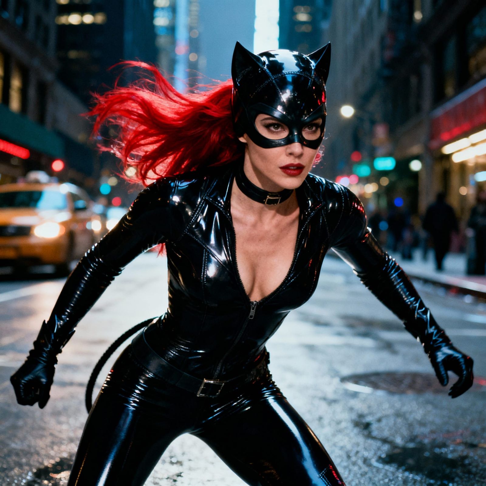 Catwoman Prowls Gotham in Sleek Latex, Cinematic Style