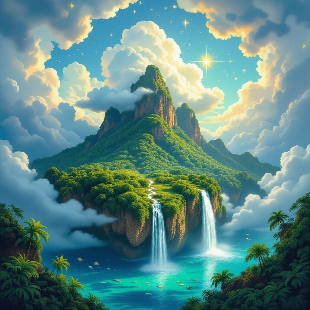 Tropical Island Floating in Starry Vortex: Surreal Romantici...