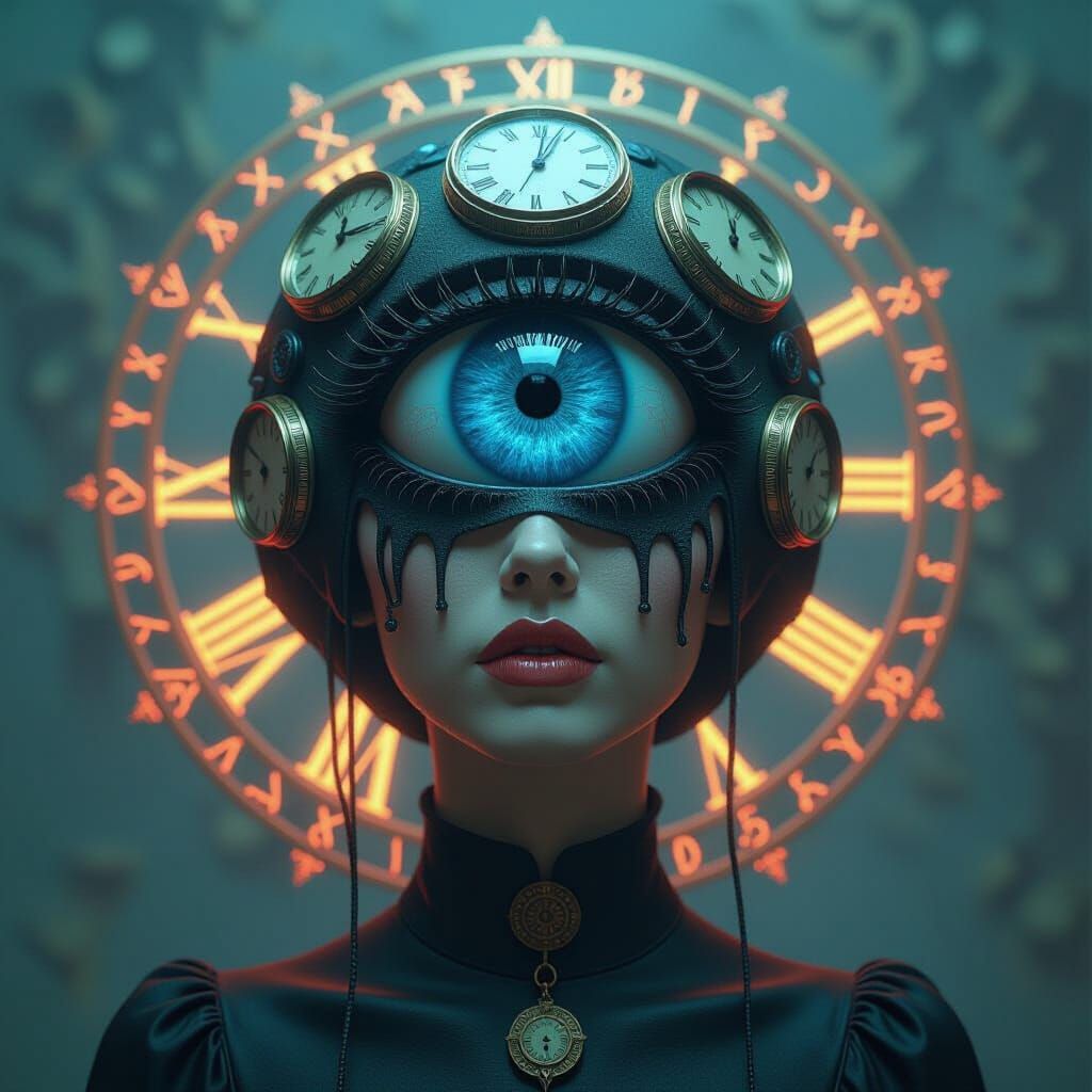 Surreal Woman with Melting Clocks and Eyeball Head