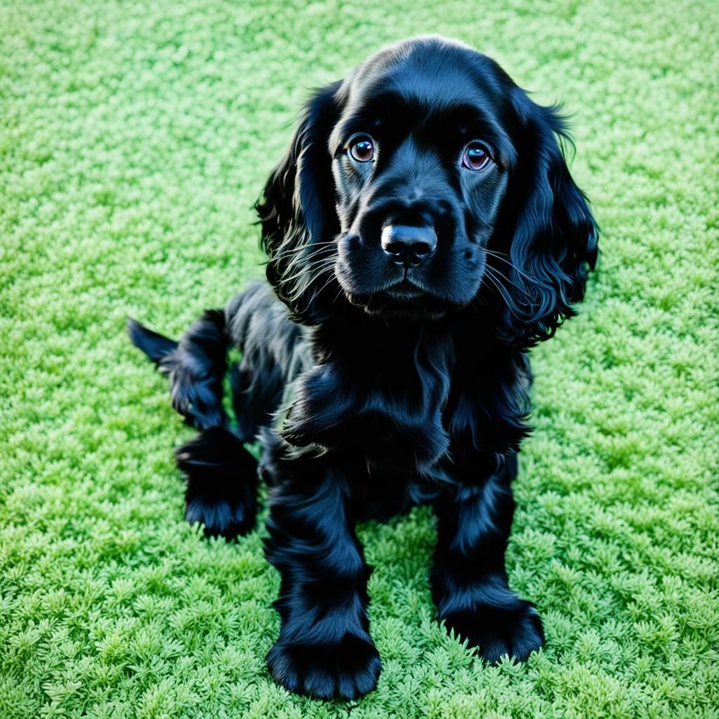 Adorable Black Cocker Spaniel Puppy on Green Grass