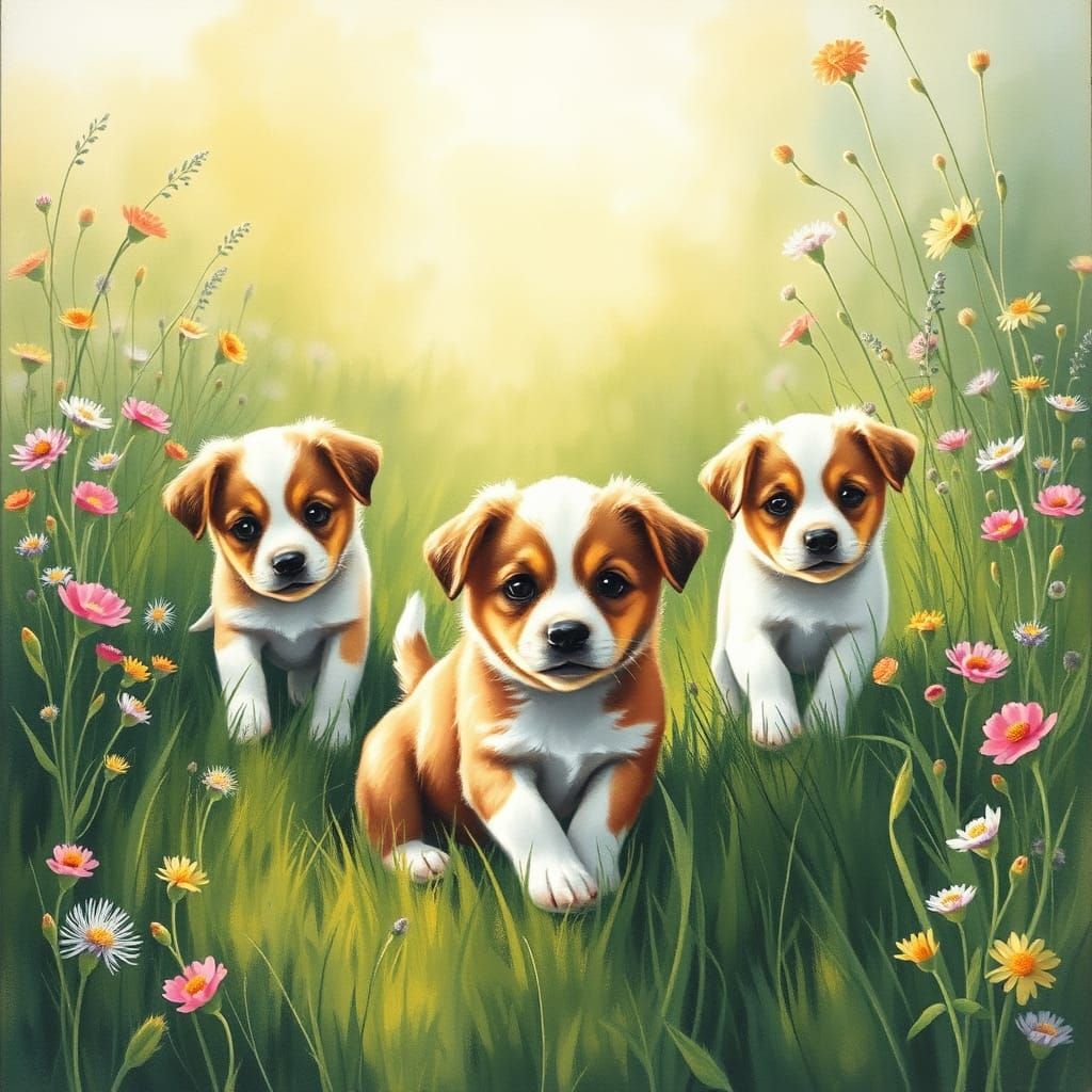 Puppies Play in Meadow: Whimsical Watercolor Art