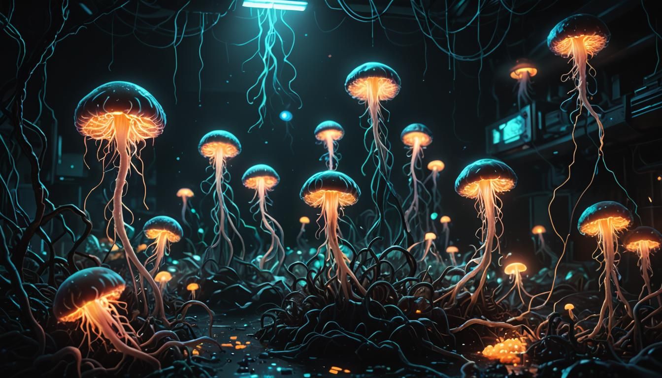 Eerie Microscopic World with Bioluminescent Organisms