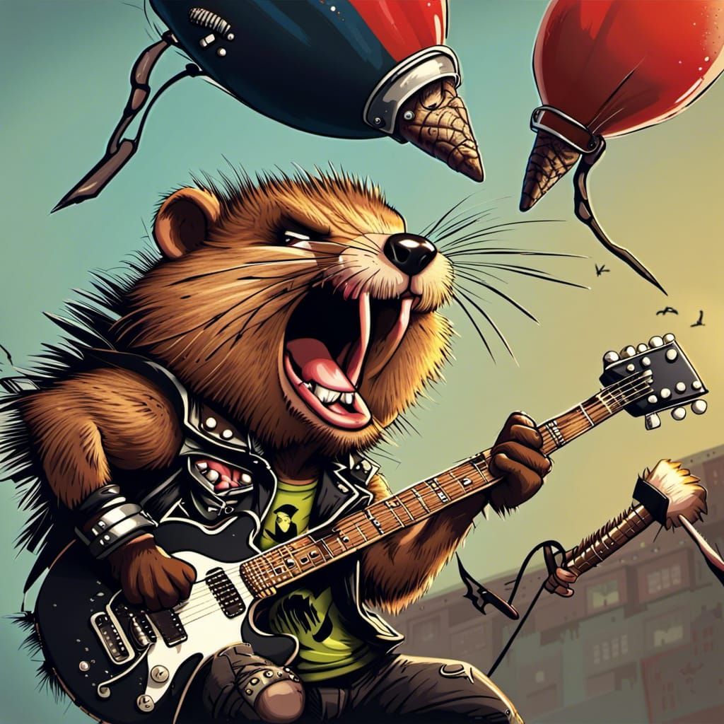 Punk Rock Beavers Parachuting in Dystopian Setting