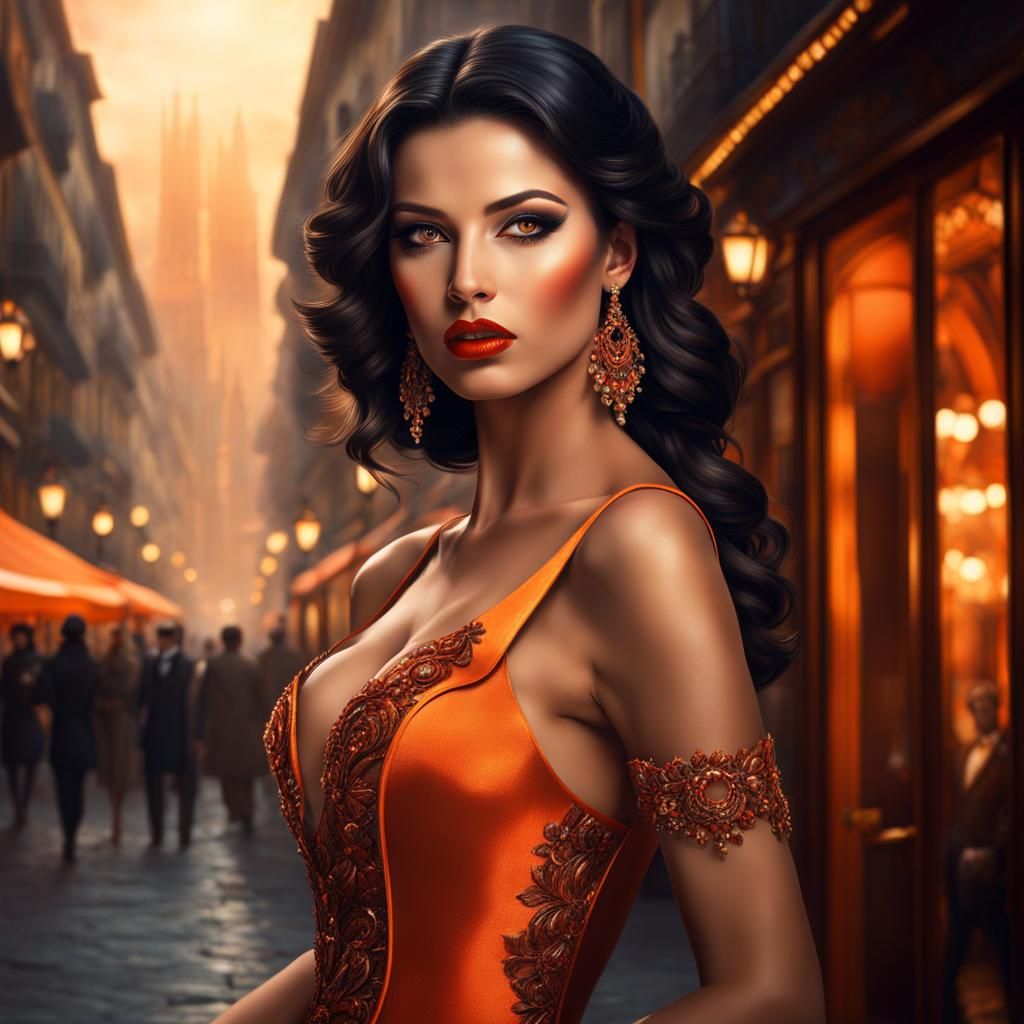 Elegant Spanish Woman in Cityscape Concept Art