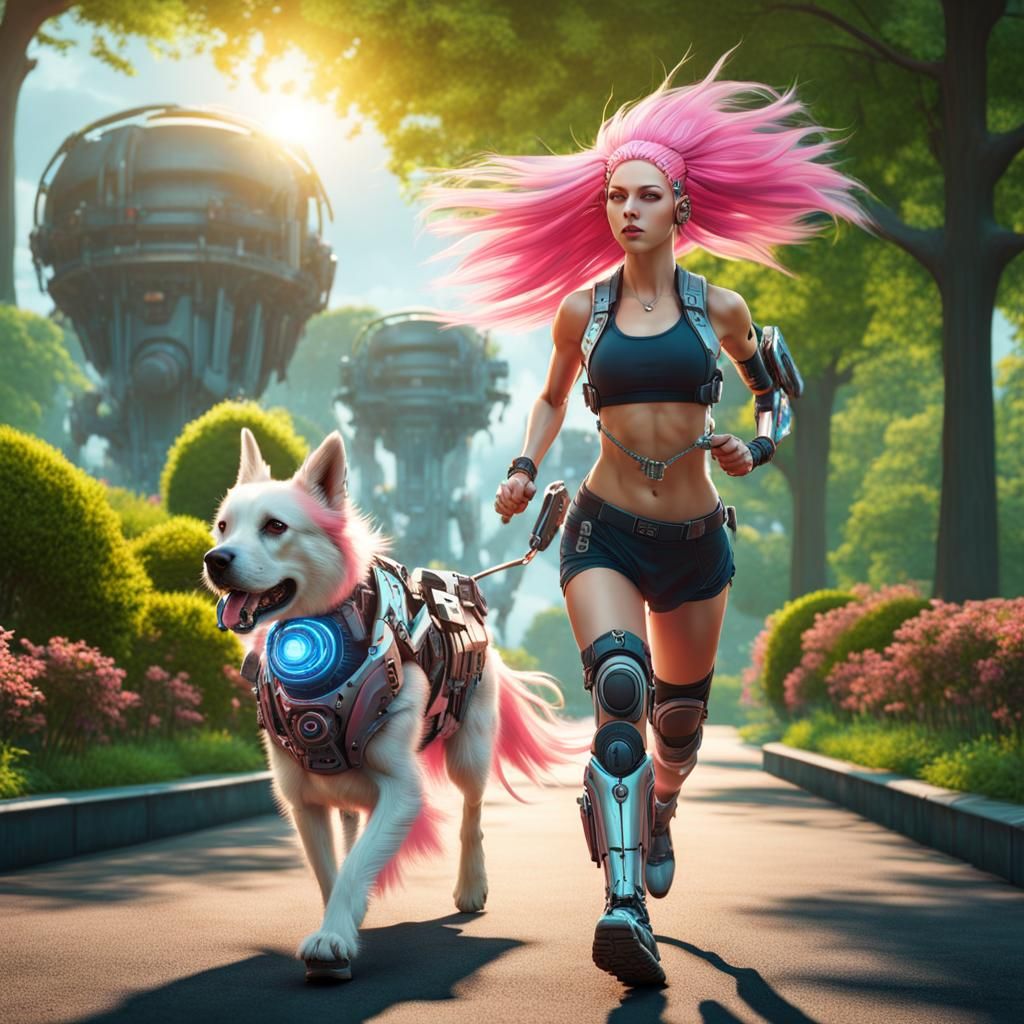 Biopunk Cyborg and Dog in Futuristic Park