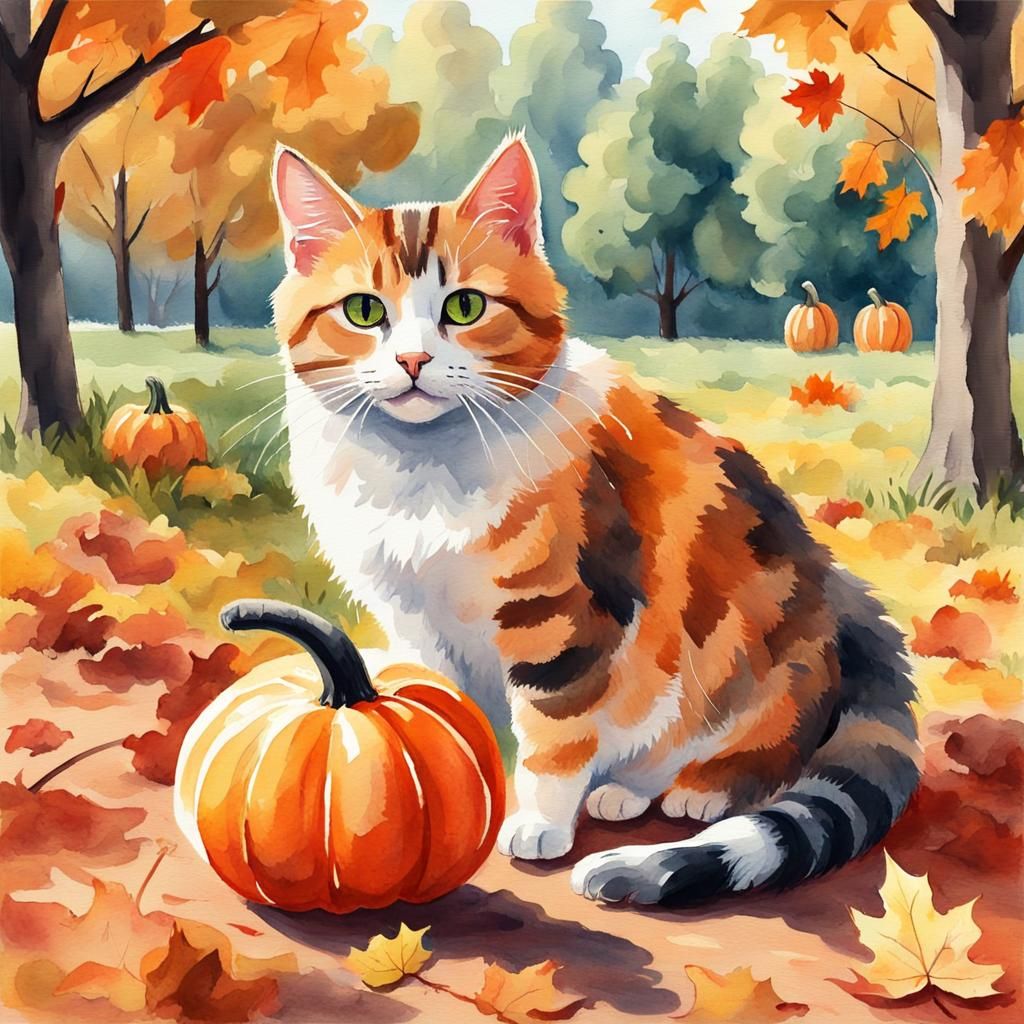 Cute Cat in Park, Gouache Watercolor Illustration