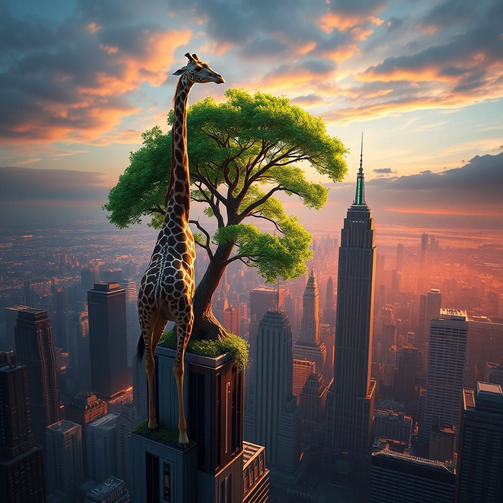 Giraffe Surveys Futuristic Metropolis Amidst Sunset