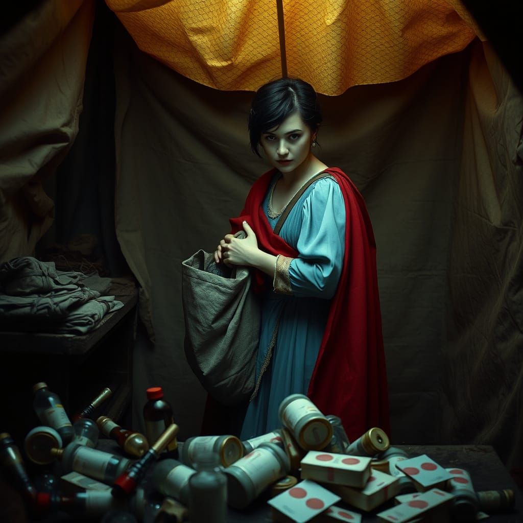 Elegant Woman Searches Medieval Storage Tent