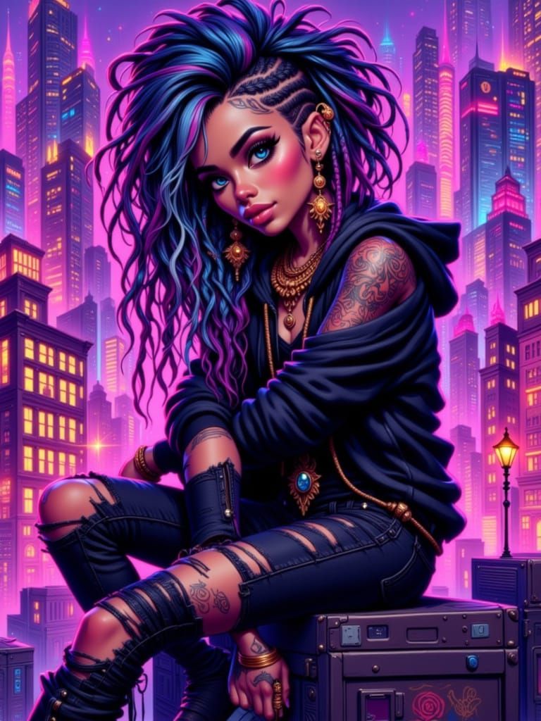 Glam Bratz Style Woman Overlooking Neon City