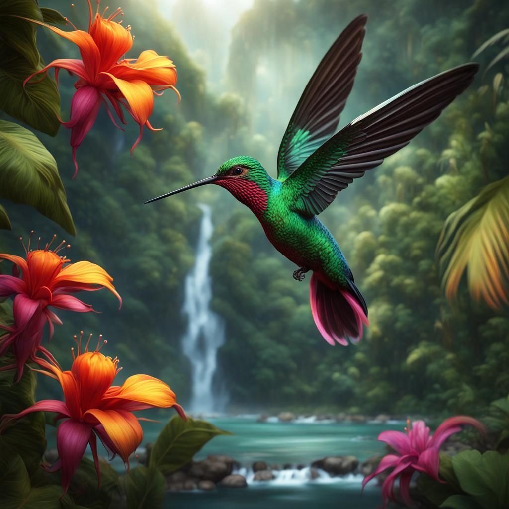 Majestic Hummingbird in Tropical Rainforest Concept Art