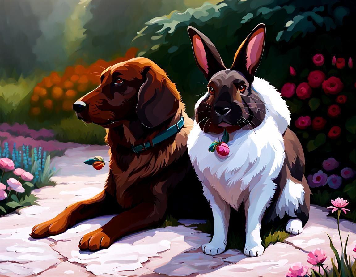 Dog and giant flemish rabbit, backyard flower garden, oil painting by James Gurney 8k resolution concept art by Greg Rut...