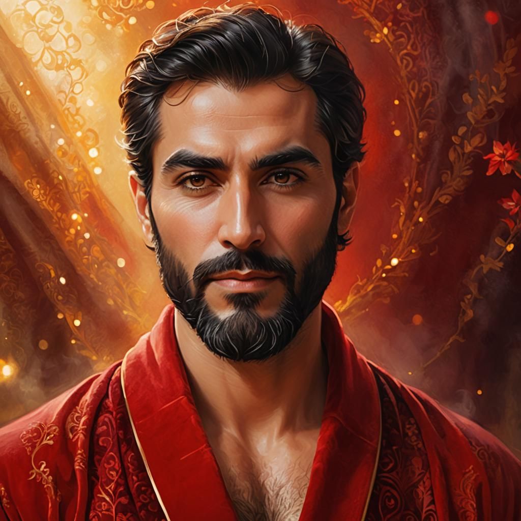 Iranian Man in Red Velvet Robe: Ethereal Portrait