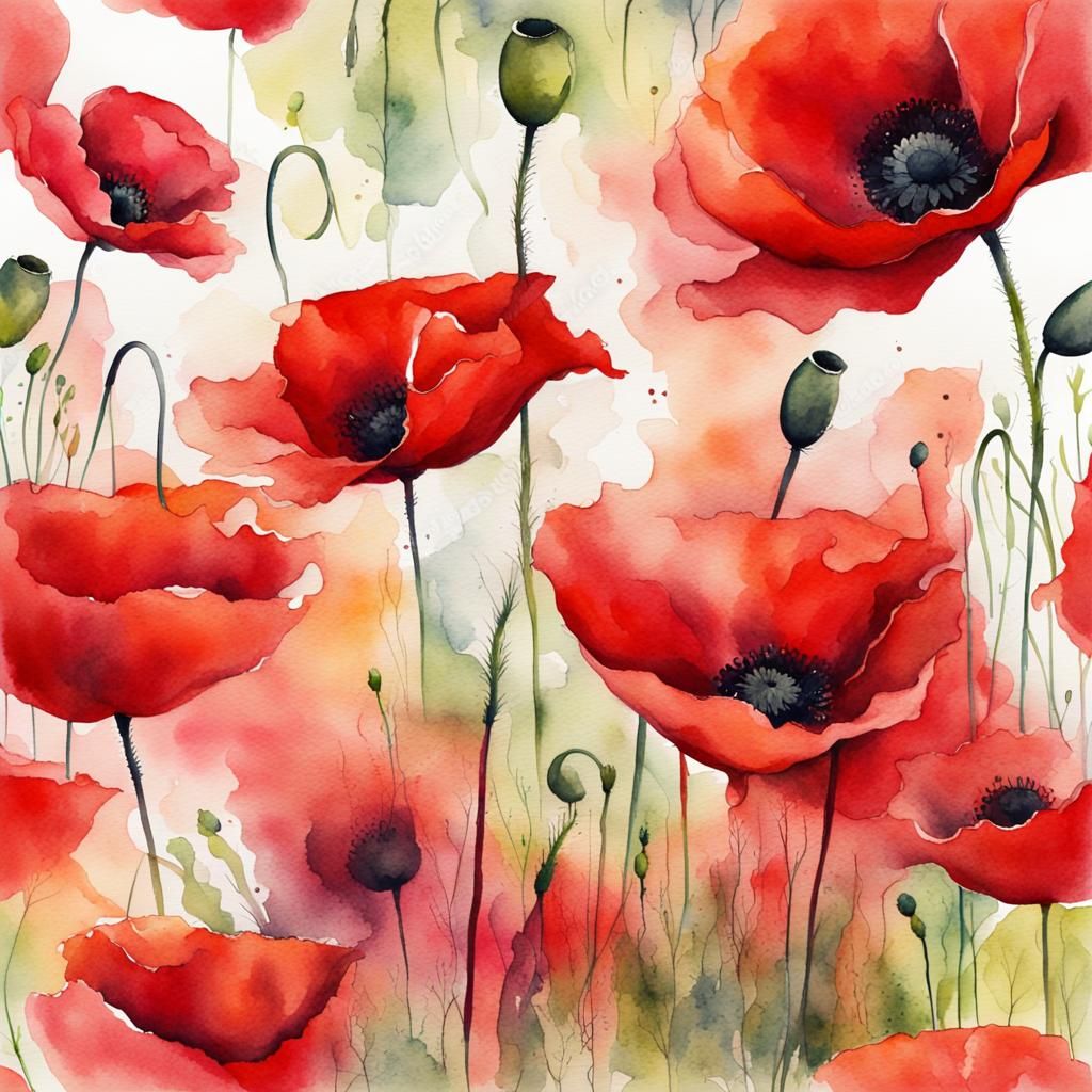 Watercolor Red Poppies in Abstract Style