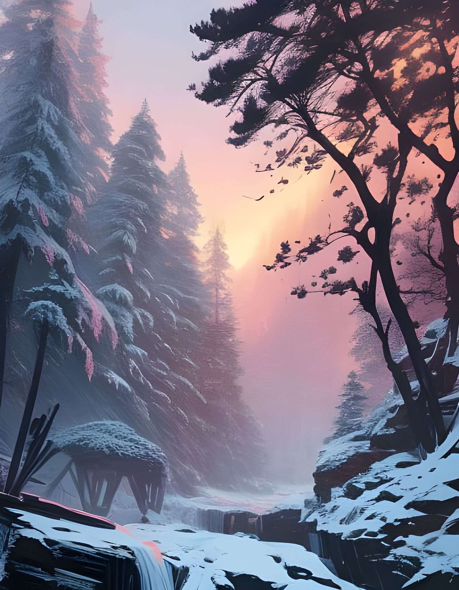 Snowy Mountain Valley in Winter Morning Light