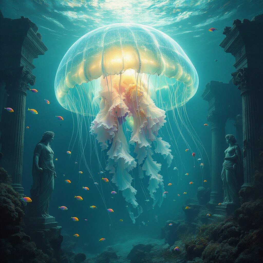 Bioluminescent Jellyfish in Submerged Metropolis