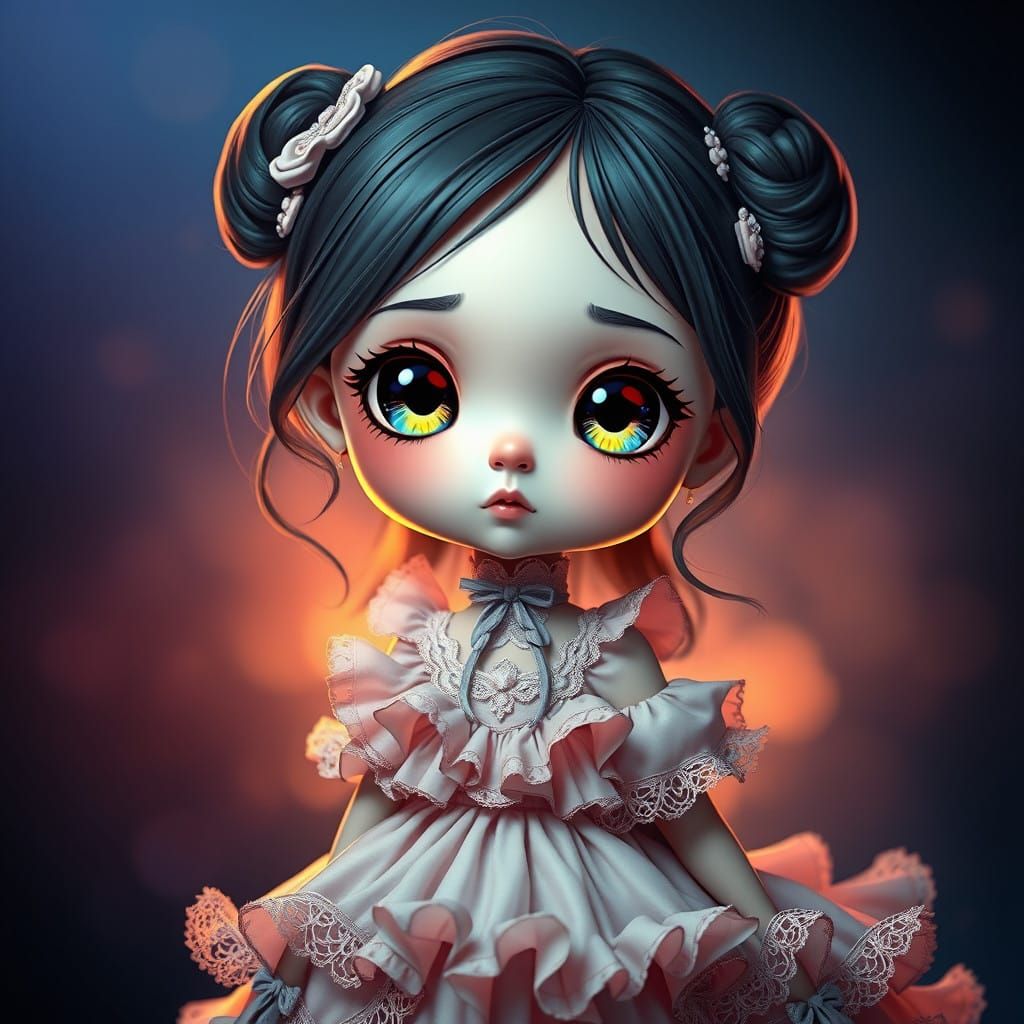 Chibi Girl in Elegant Pastel Dress with Vibrant Eyes