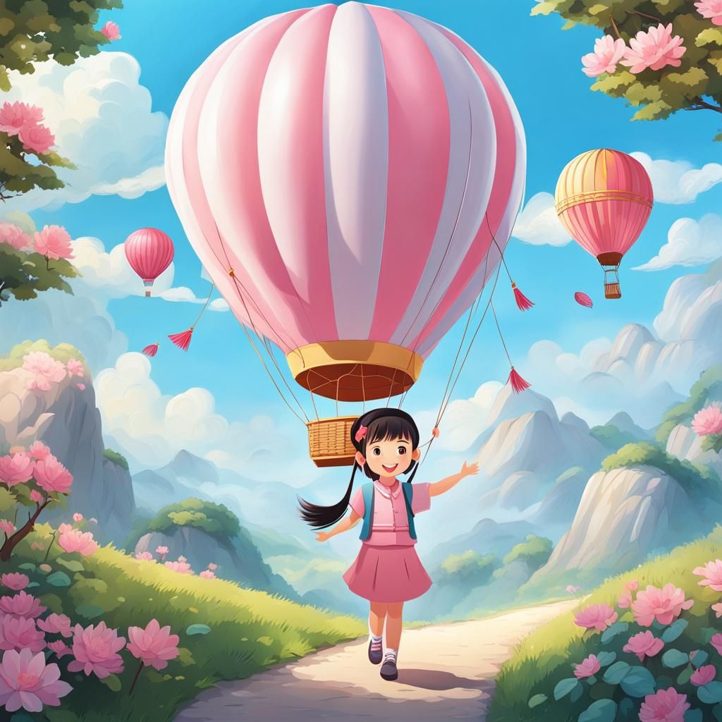 Joyful Asian Girl in Hot Air Balloon Illustration