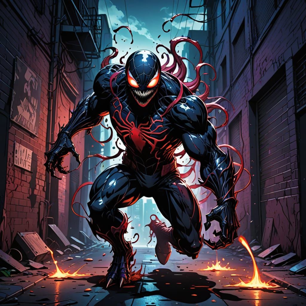 Carnage Symbiote Unleashes Chaos in Dark Alleyway