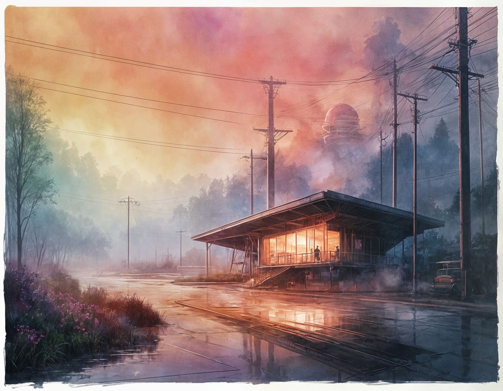 Futuristic Sports Complex in Misty Nature