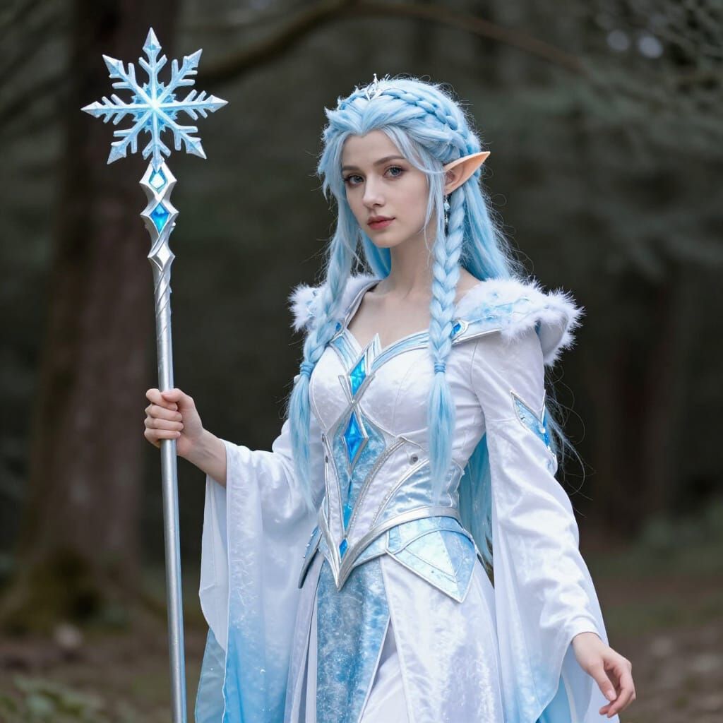 Beautiful Snow Elf Sorceress with Magical Staff