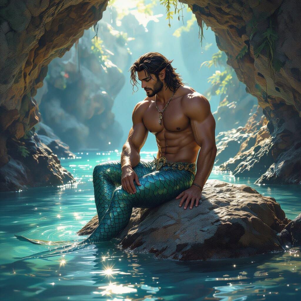 Splash art. A muscular, shirtless merman lounging on a rock in a hidden cove, admiring his reflection in the water. Sunl...