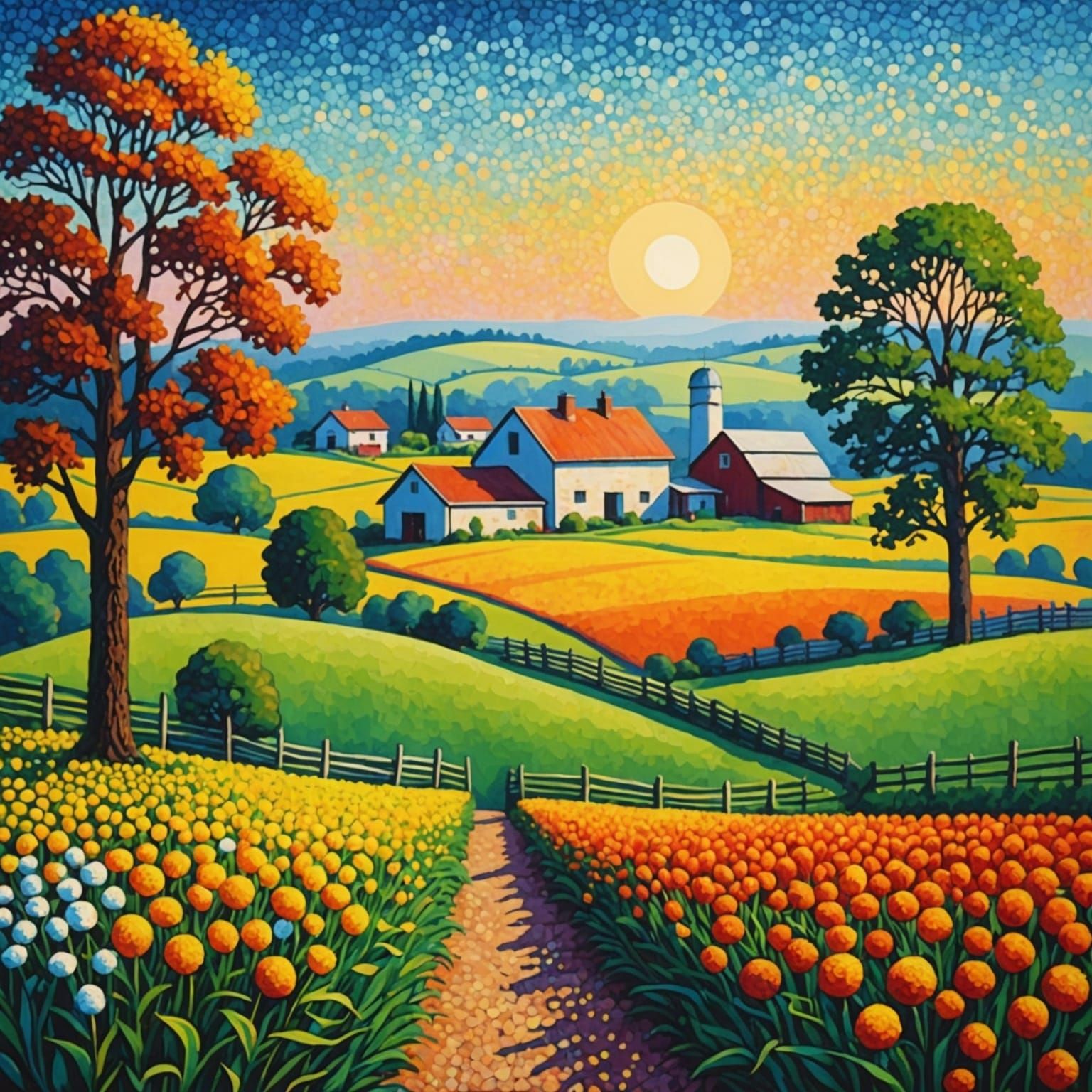 Pointillist Farm Landscape in Complementary Colors