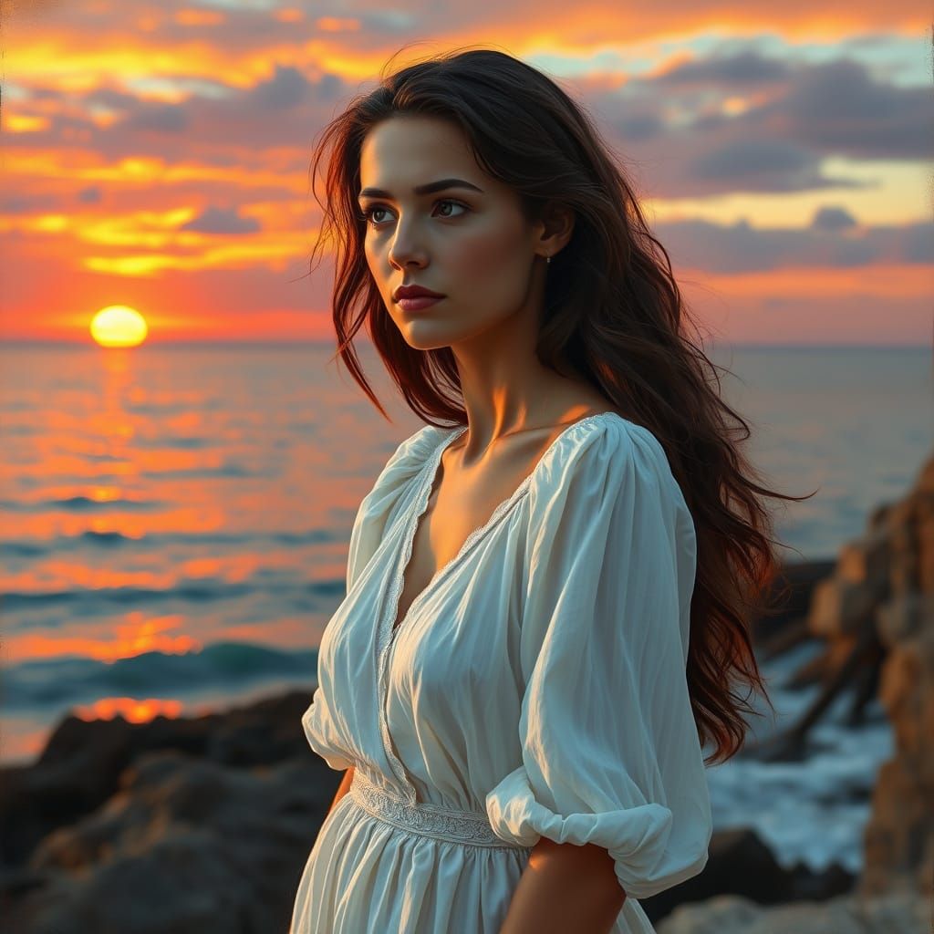 Young Woman Gazing at Sunset, Impasto Oil Painting