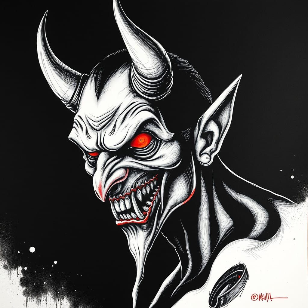 Surreal Ink Drawing of a Detailed Devil with Sinister Grin