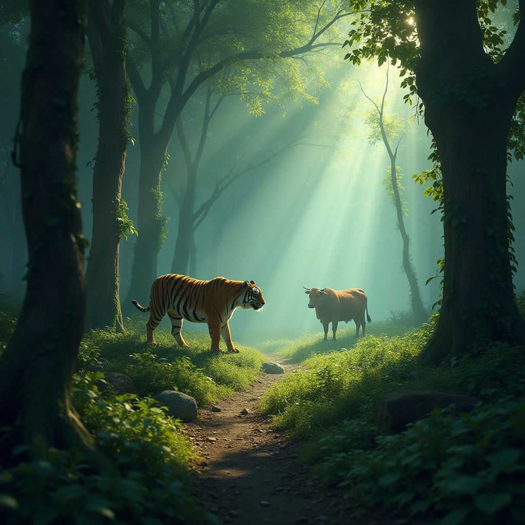 Tiger Emerges from Forest Hunting Prey