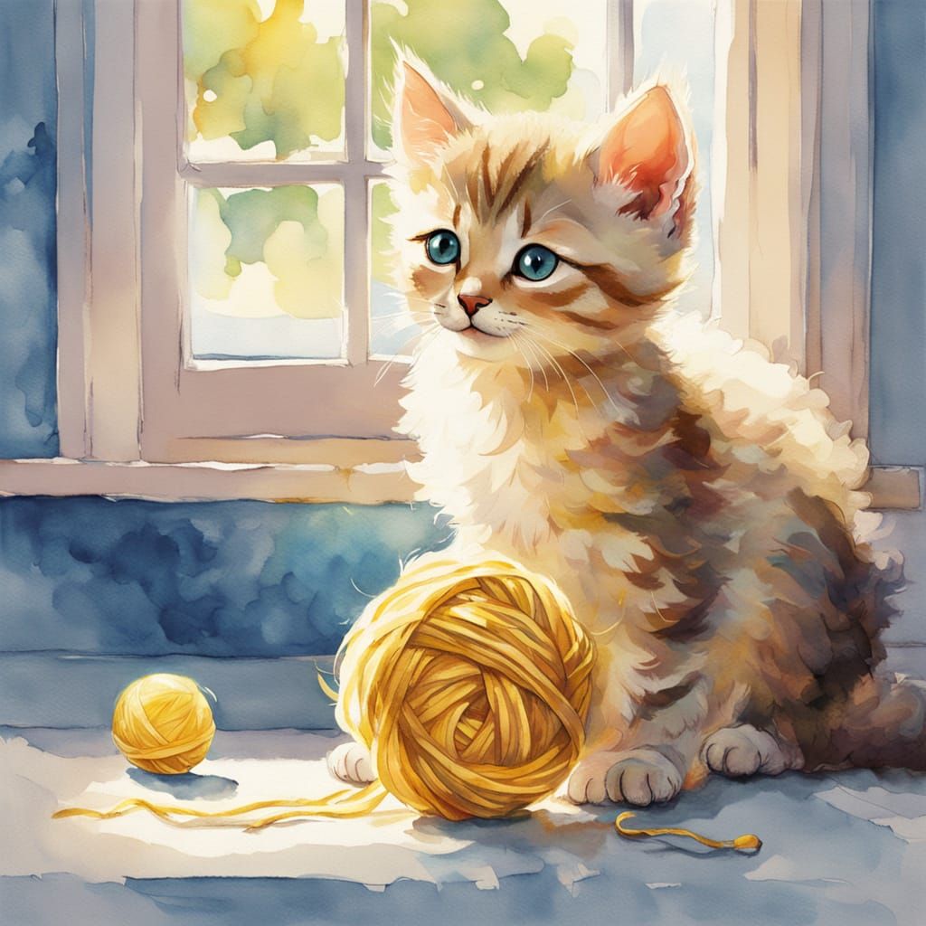 Whimsical Watercolor Kitten at Play in a Sunny Room