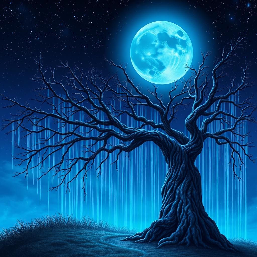 Glowing Blue Moon Illuminates Ancient Willow Tree