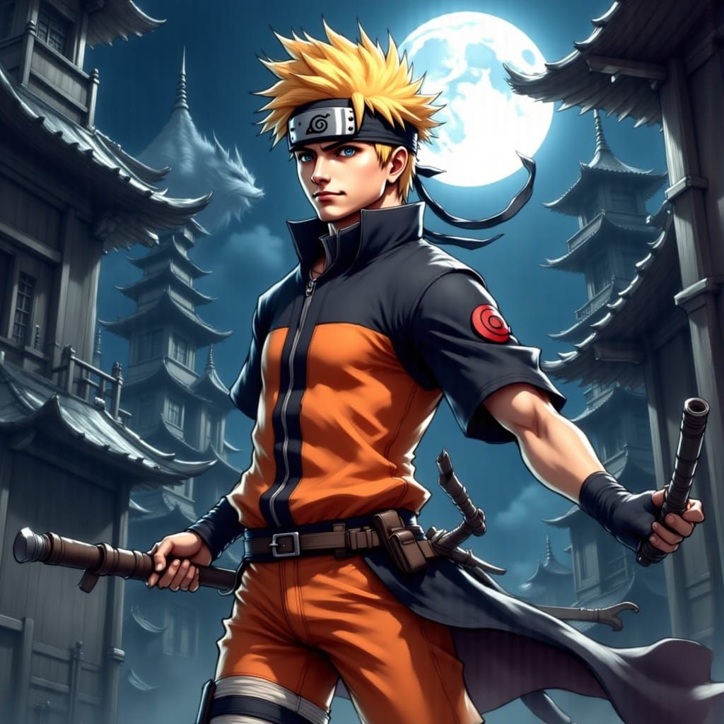 Naruto in Combat Pose with Kunai Under Full Moon