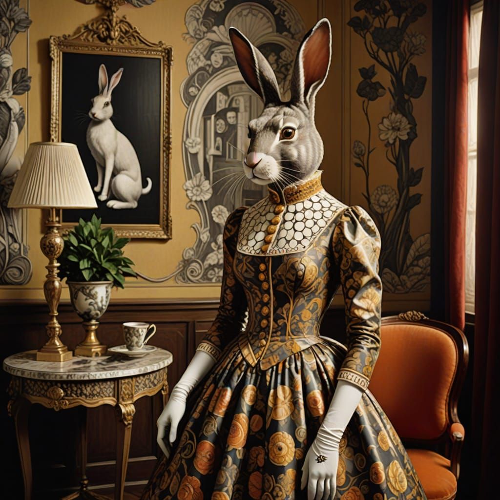 Elegant Rabbit Lady in Vintage Chic Illustration
