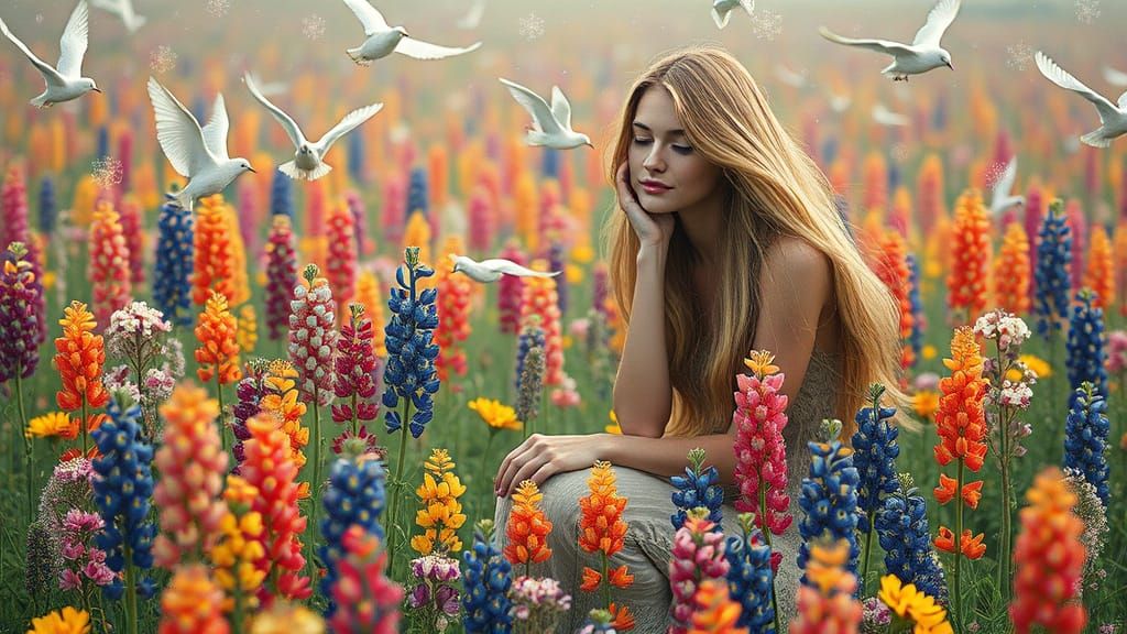 Woman in Lupinus Field: A Surreal Bio-Art Dream