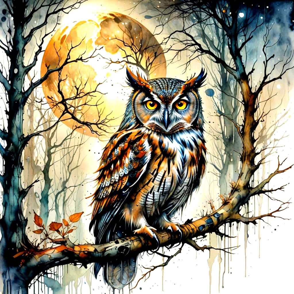 Mystical Woodland at Full Moon in Watercolour Style