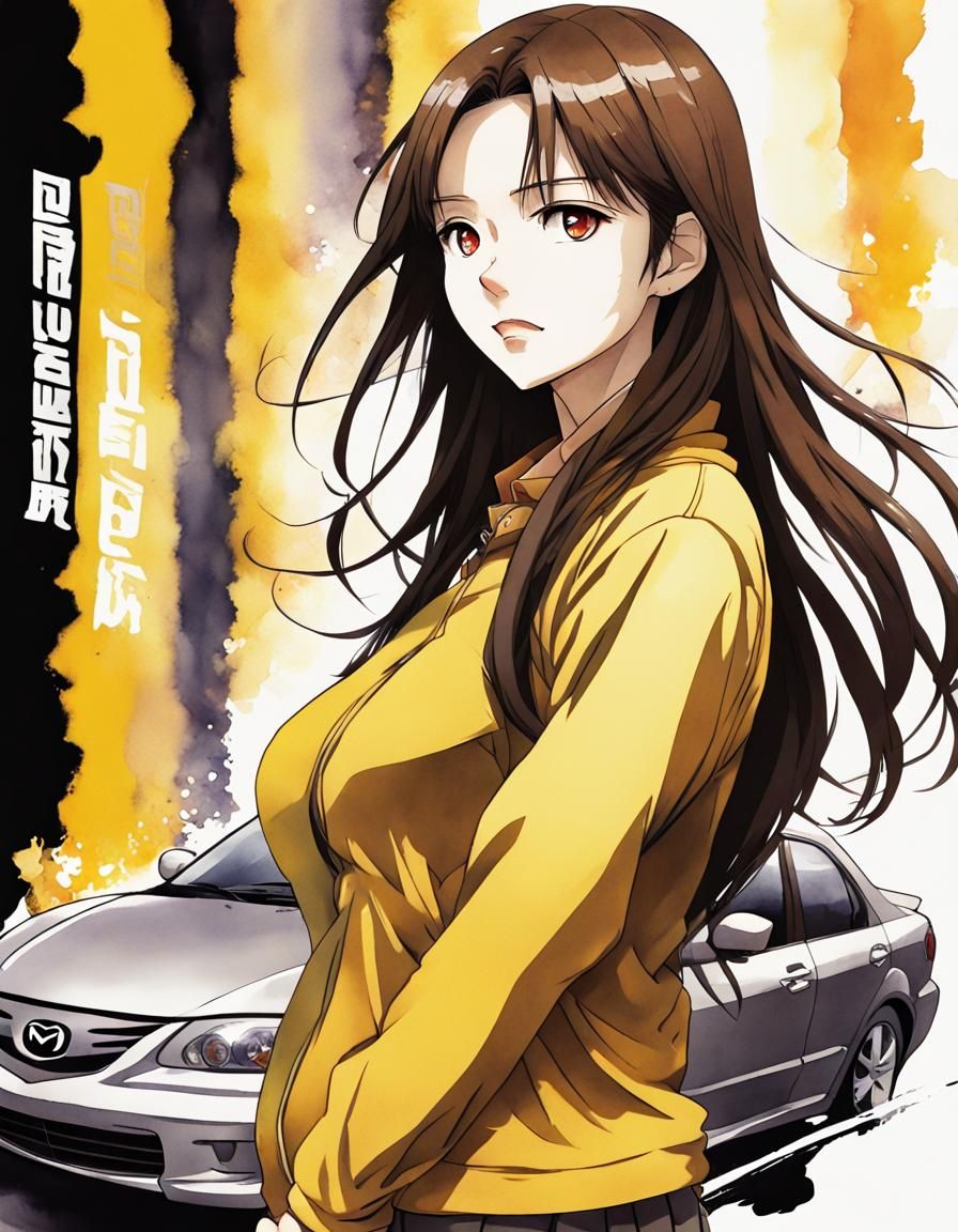 Watercolor Mazda 6 GT with Anime-Style Girl