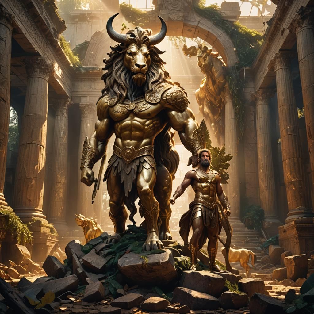 Hercules stands defiantly under a giant statue of a golden c...