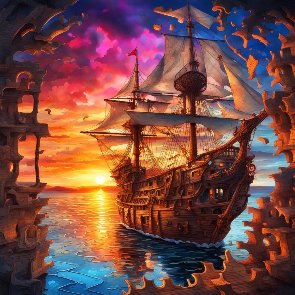 Puzzle Pirate Ship at Sunset in Watercolor Style