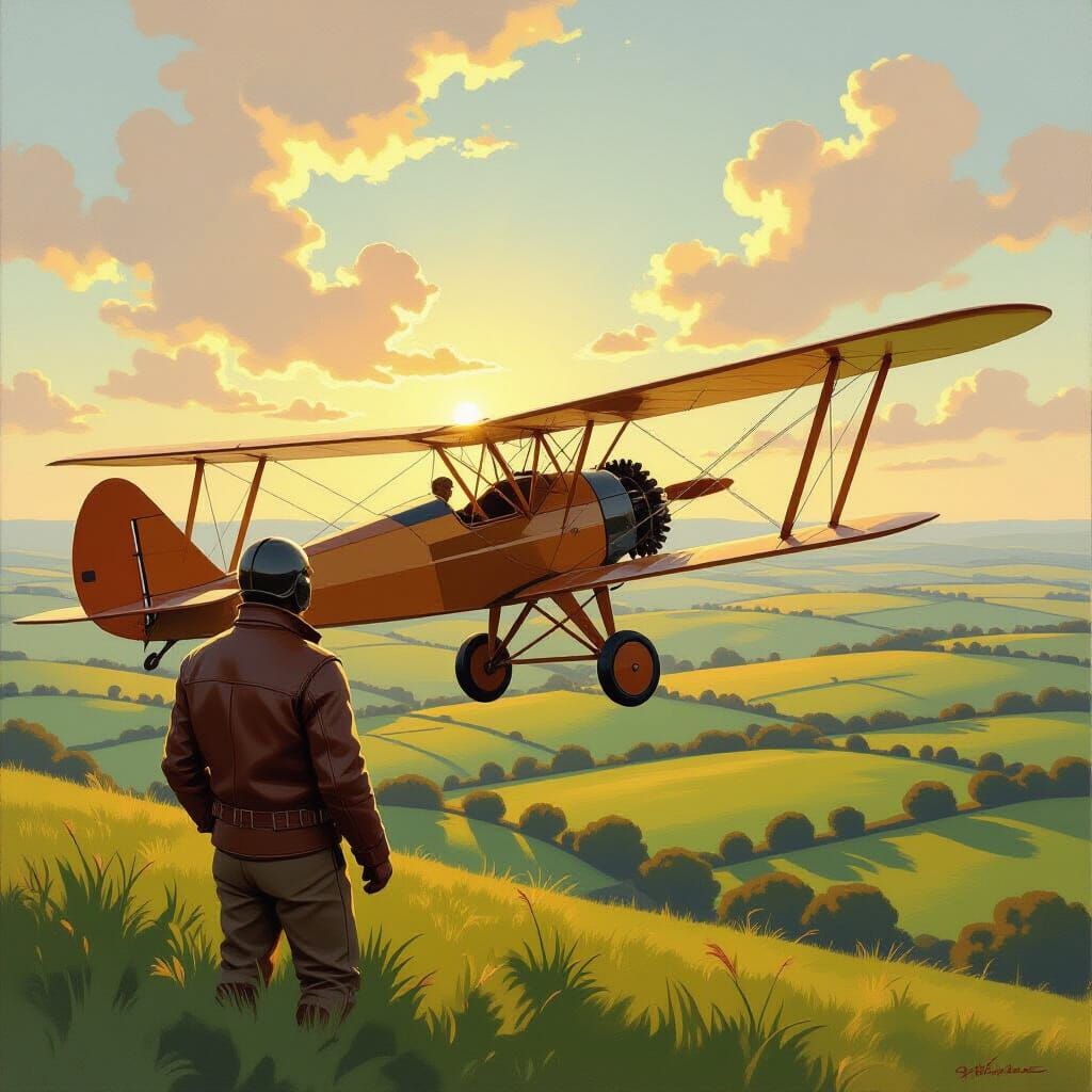 Biplane Soaring Over Fields as Textured Oil Painting