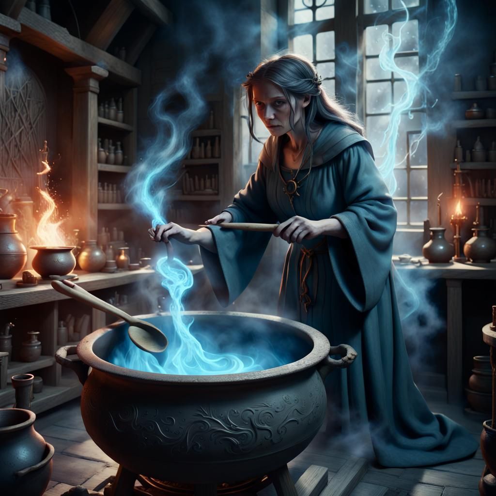 Ancient Cauldron Transmutation Scene in Fantasy-Science Aest...