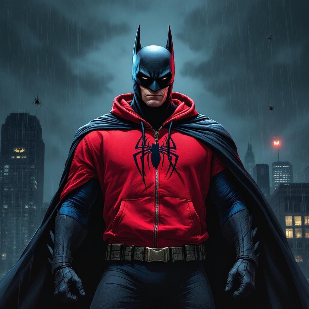 Batman Wearing Spider-Man Hoodie on Gotham Rooftop