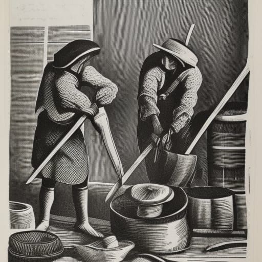 Checkered Workers Forging Metal: Linocut Style