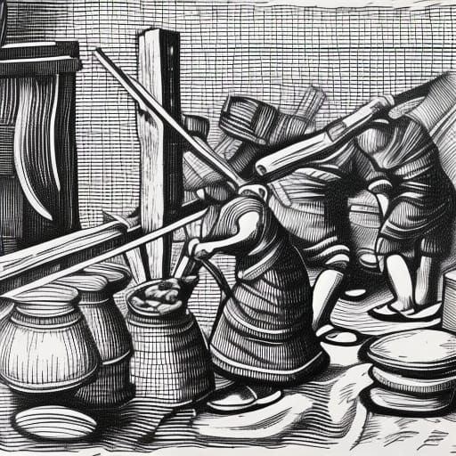 Checkered Workers Forging in Linocut Style