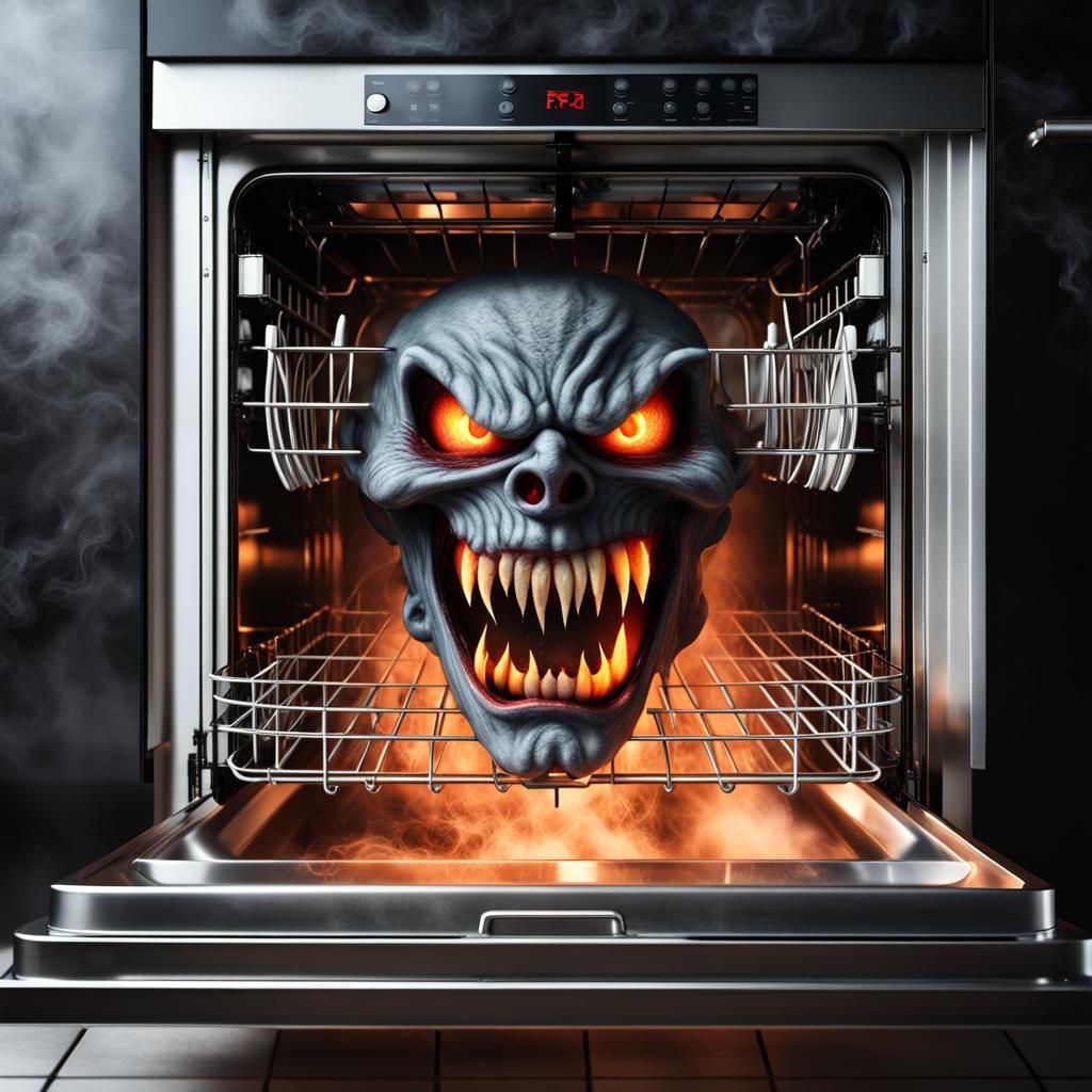 Eerie Demonic Dishwasher with Flames and Steam
