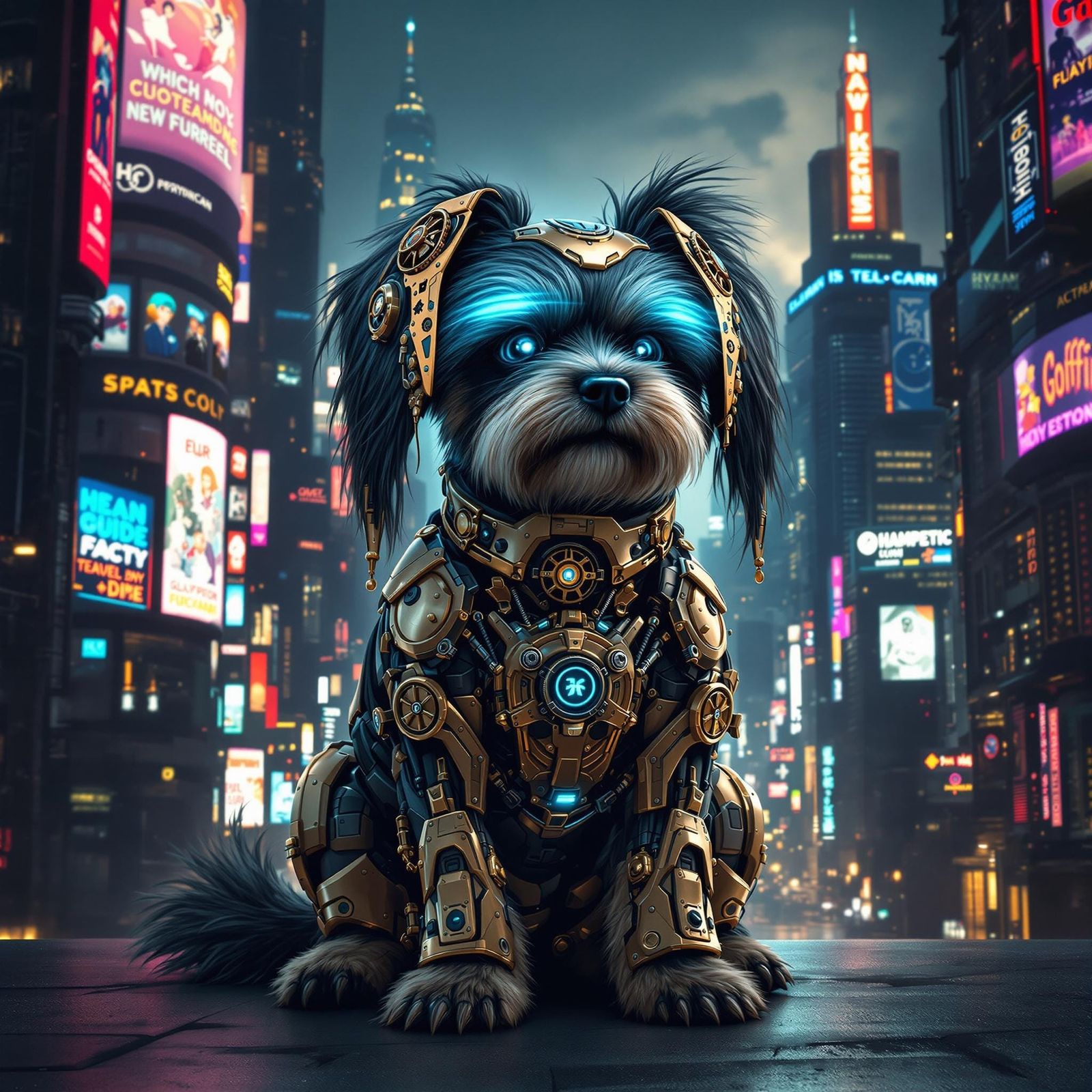 Cyborg Havanese Dog in Futuristic Metropolis, Cyberpunk Stea...