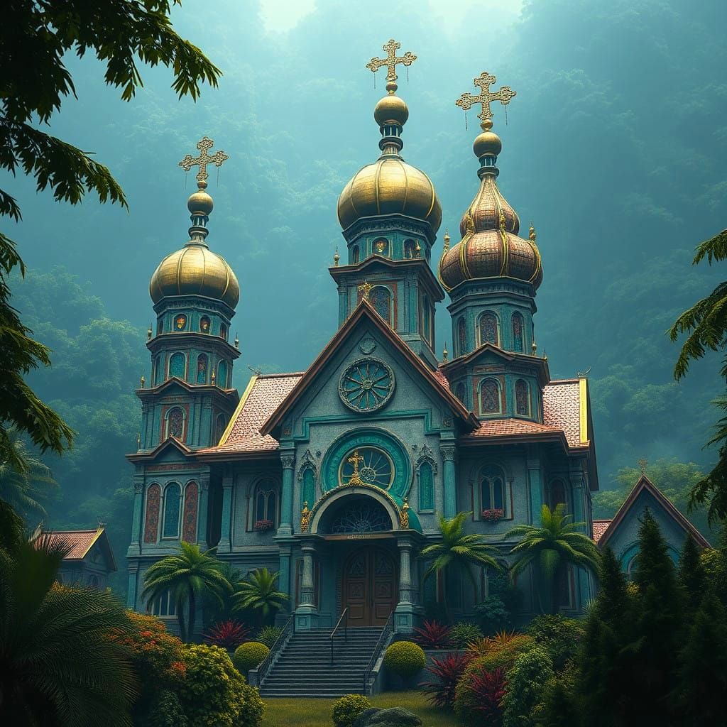 Vibrant Rainforest Orthodox Cathedral in Detailed Fantasy St...