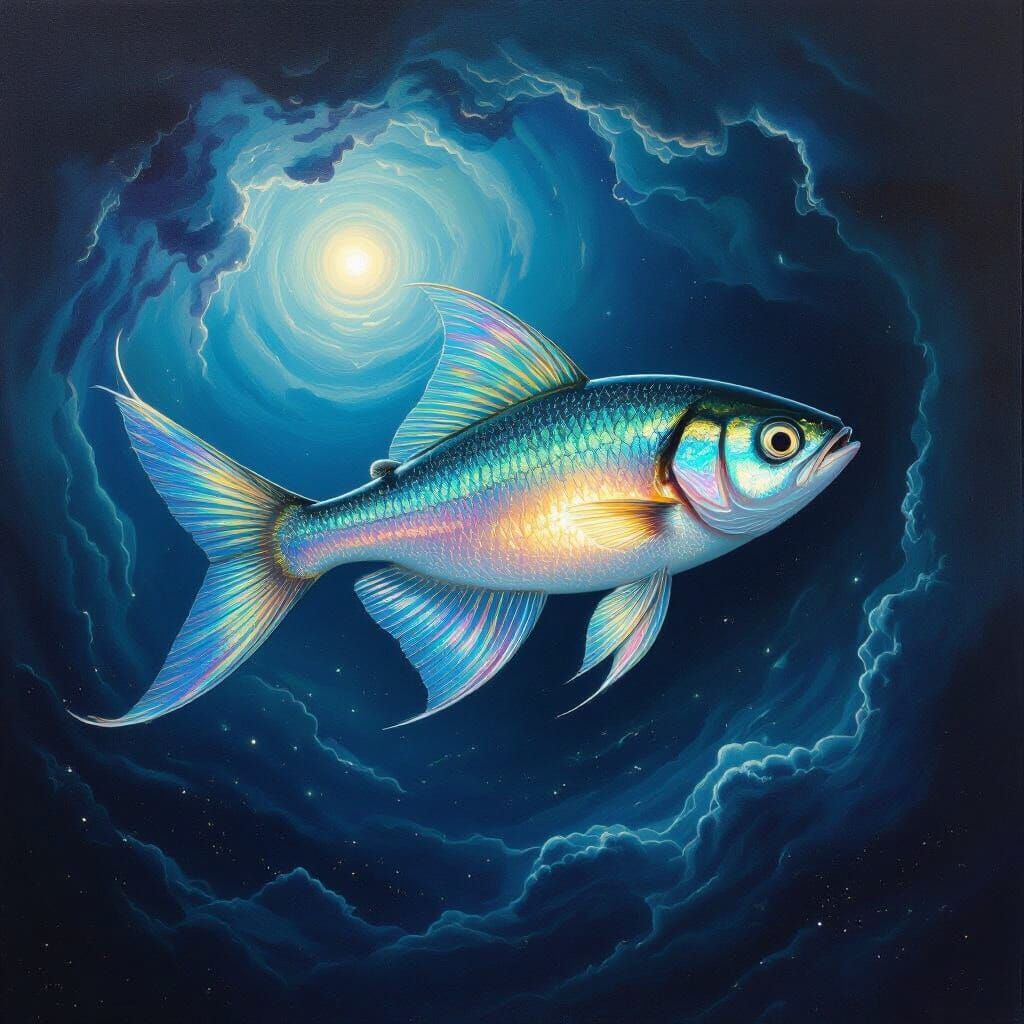 Surreal Moon Herring with Feathery Wings in Cosmic Nebula