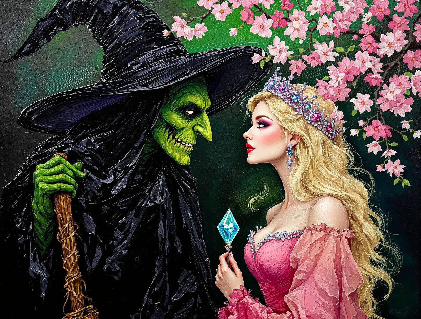 Green Witch Greets Blond Witch Amidst Cherry Blossoms