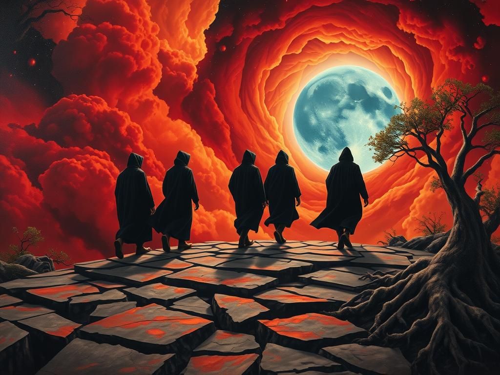 Travelers Journey Through a Surreal Nebula Landscape